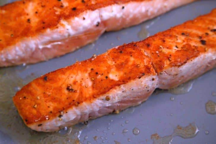 Pan sear salmon filets 4 minutes on each side