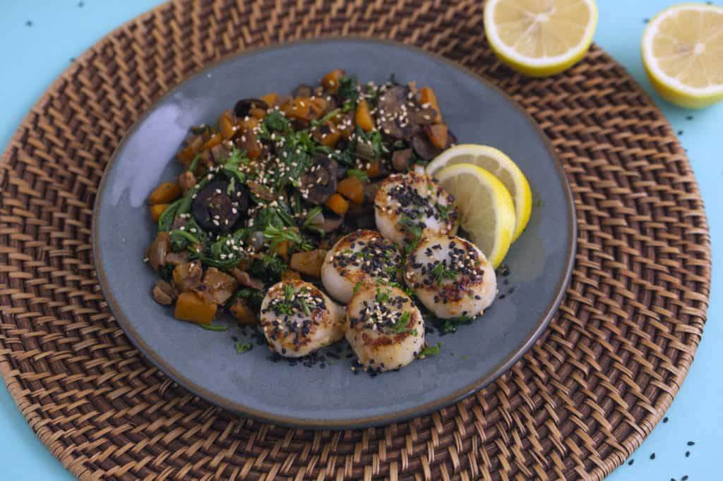 Pan Seared Scallops with Bacon, Spinach & Mushrooms