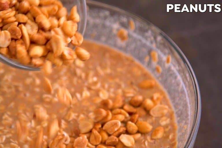 Stir dry mixture into wet mixture, then fold in chopped peanuts.