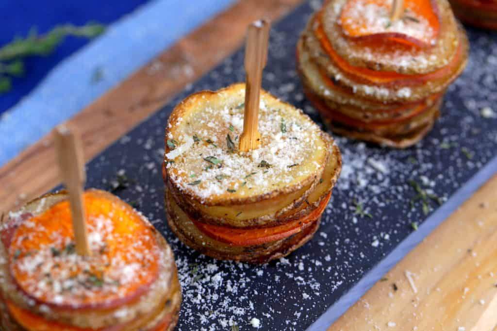Crispy parmesan potato stacks recipe, parmesan scalloped potato stacks Thanksgiving appetizer ideas