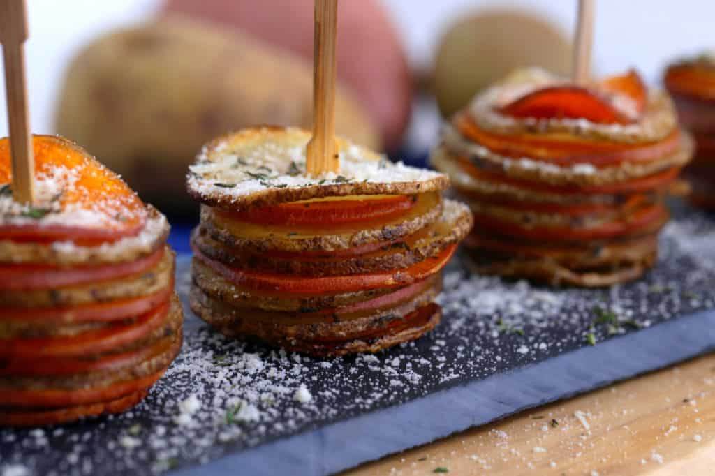 Crispy potato stacks recipe, russet and sweet potato stacks, potato gratin stacks