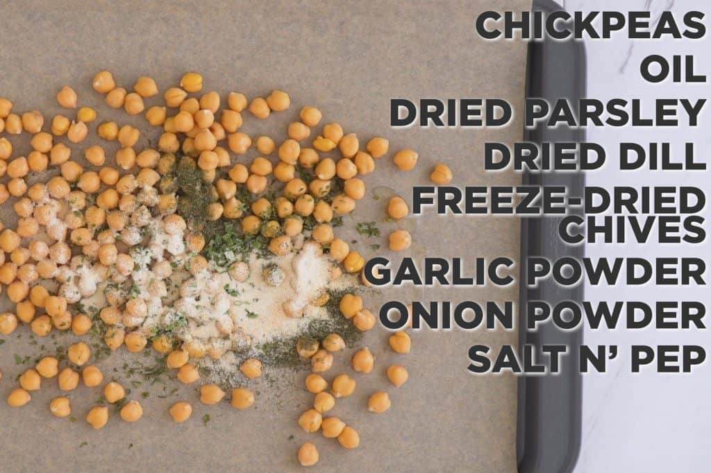 Vegan Ranch Roasted Chickpeas, roasted chickpeas snack, healthy snack ideas, crispy ranch chickpeas, how to roast canned chickpeas, healthy snacks, road trip snacks, crispy garbanzo beans, ranch flavored chickpeas, healthy road trip snack ideas