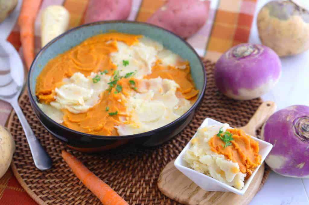marbled mashed potatoes, mashed sweet potatoes, healthy mashed potatoes, root vegetable mash recipe, parsnip turnip potato mash, fun thanksgiving side dishes