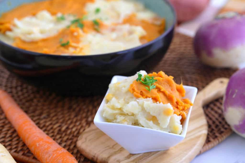 root vegetable mash recipe, parsnip turnip potato mash, sweet potato and turnip mash, healthy thanksgiving side dishes, mashed sweet potatoes, healthy mashed potatoes