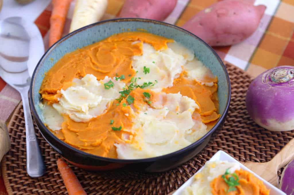 winter root vegetable mash recipe, healthy mashed potatoes, parsnip turnip potato mash, healthy thanksgiving side dishes, marbled mashed potatoes