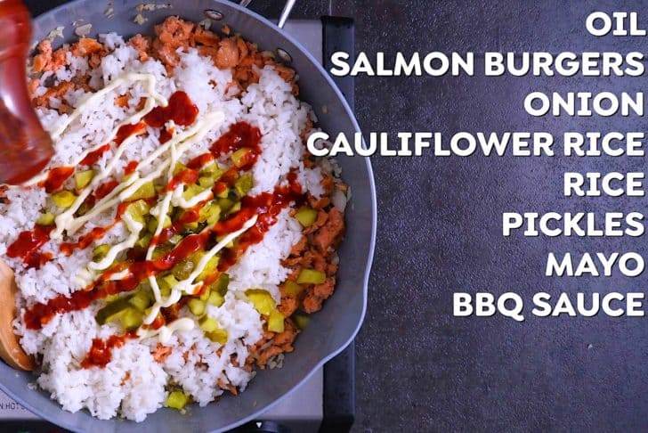 Add cooked rice into pan, along with chopped pickles, mayonnaise, and BBQ sauce.