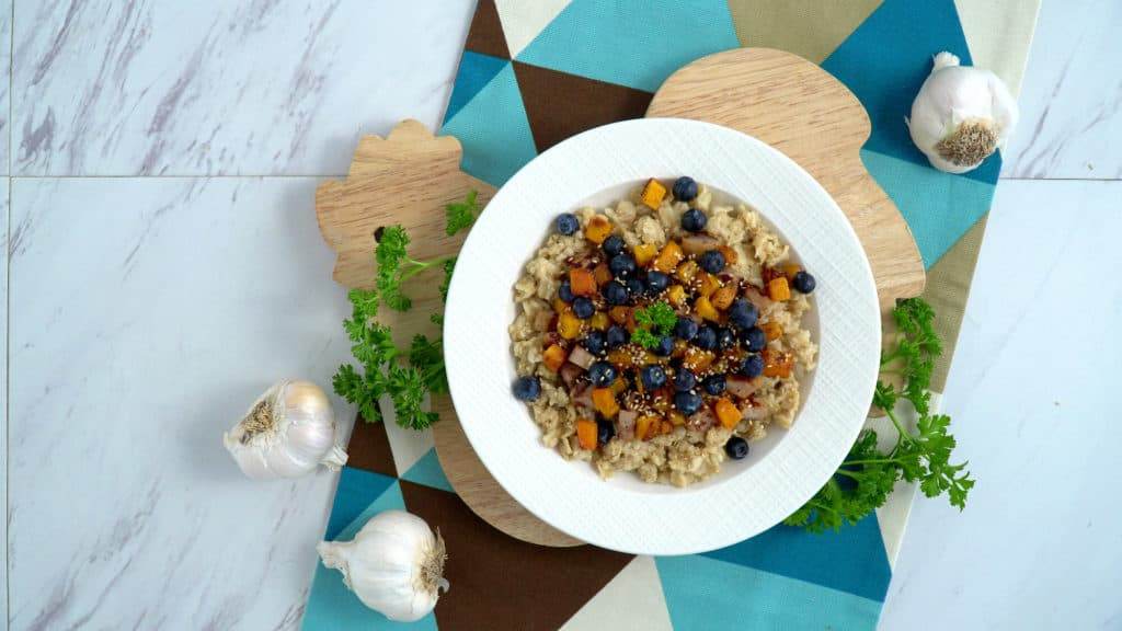 Sweet & Savory Sesame Oatmeal, blueberry butternut squash chicken apple sausage oatmeal, oatmeal recipe ideas, savory porridge, savory oatmeal recipes, oats recipe ideas, easy healthy breakfast ideas
