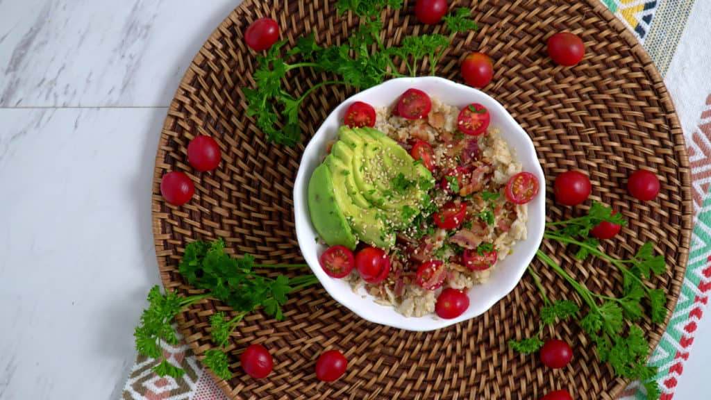BLAT Savory Oatmeal, bacon avocado tomato oatmeal, avocado oatmeal, bacon oatmeal, savory oatmeal breakfast, BLT oatmeal, simple savory oatmeal, savory oats, easy healthy breakfast ideas