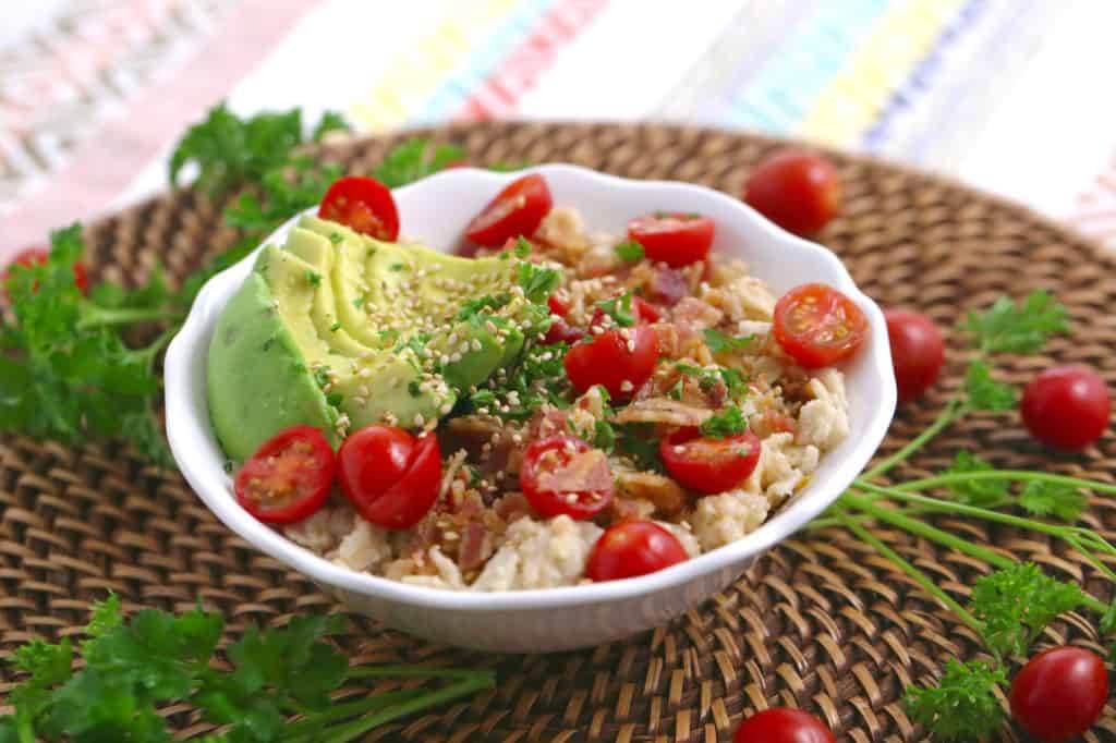 BLAT Savory Oatmeal, bacon avocado tomato oatmeal, avocado oatmeal, bacon oatmeal, savory oatmeal breakfast, BLT oatmeal, simple savory oatmeal, savory oats easy healthy breakfast ideas