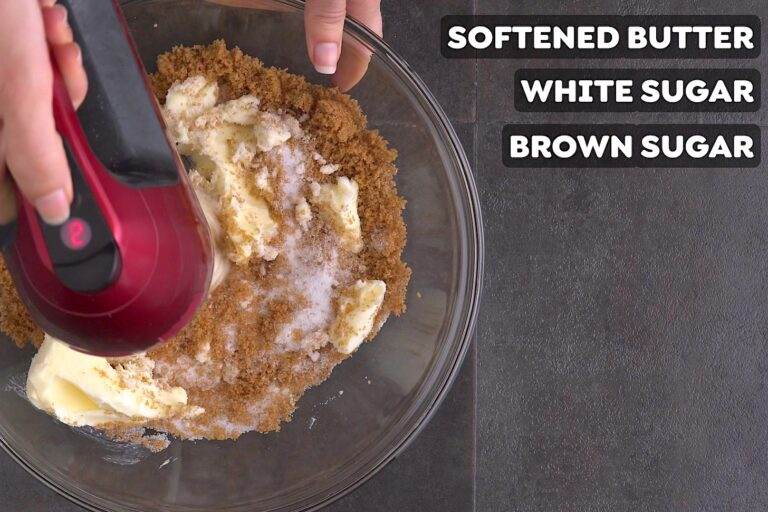 Cream together softened butter and sugars with a hand mixer.