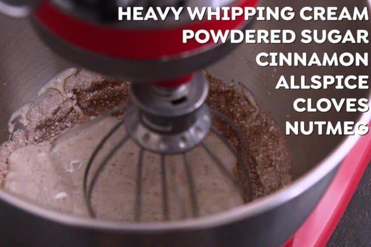 Add heavy whipping cream, powdered sugar, and spices to the bowl of a stand mixer or a large mixing bowl.
