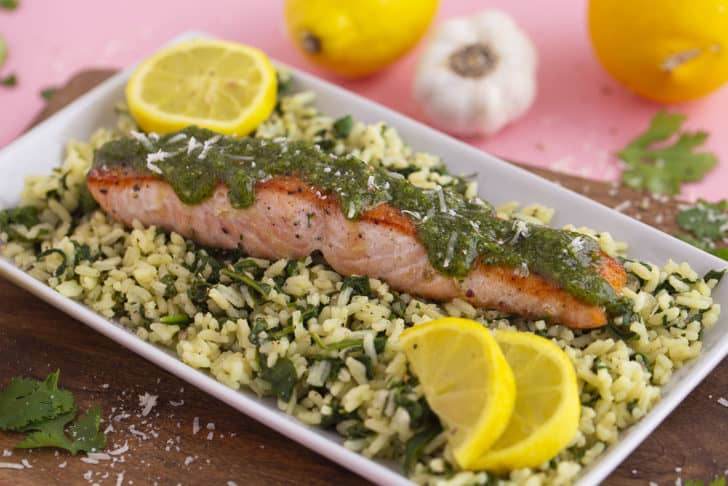 Spinach Rice with Cilantro Pesto Salmon