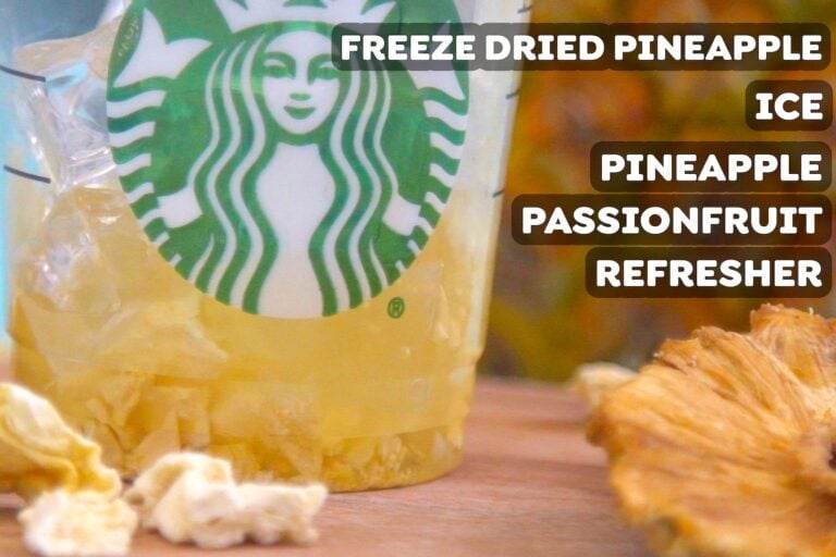 Serve homemade Pineapple Passionfruit Refresher mixture over freeze-dried pineapple & ice.