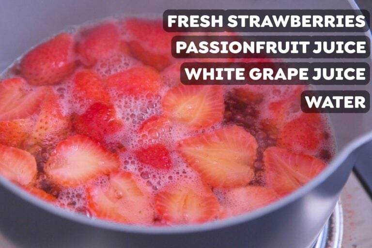 Bring strawberries, passionfruit juice, white grape juice, & water to a boil.