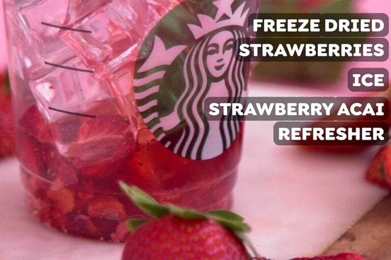 Serve copycat Strawberry Acai Refresher over ice with freeze-dried strawberries.