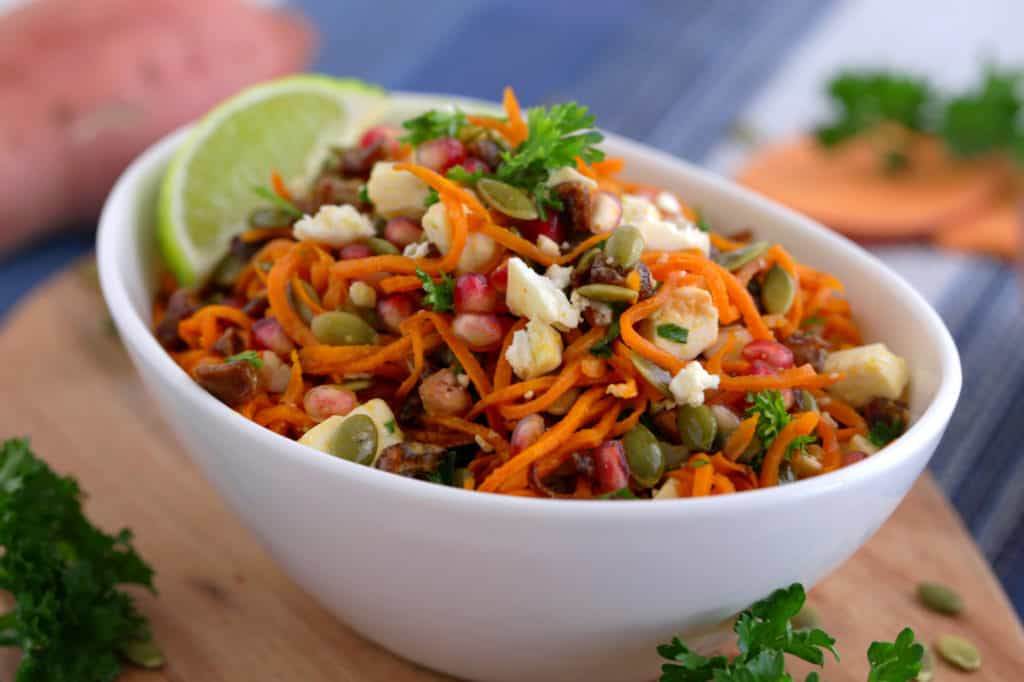 Cold Sweet Potato Noodle Salad recipe, spiralized salad, healthy thanksgiving side dishes, roasted sweet potato salad