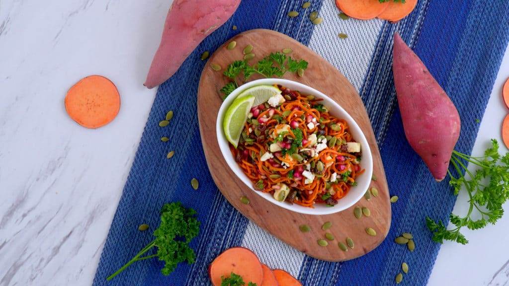 Cold Sweet Potato Noodle Salad recipe, spiralized salad, healthy thanksgiving side dishes, roasted sweet potato salad