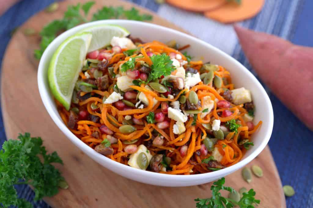 Cold Sweet Potato Noodle Salad recipe, spiralized salad, healthy thanksgiving side dishes, roasted sweet potato salad