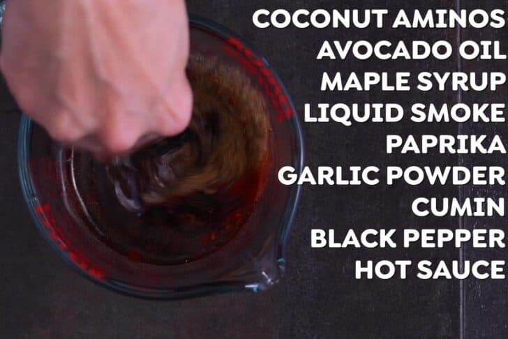 Combine all vegan bacon marinade ingredients and whisk to integrate.