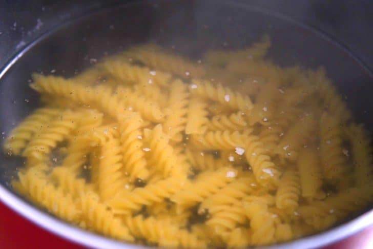 Cook chickpea pasta or pasta of choice according to package directions.