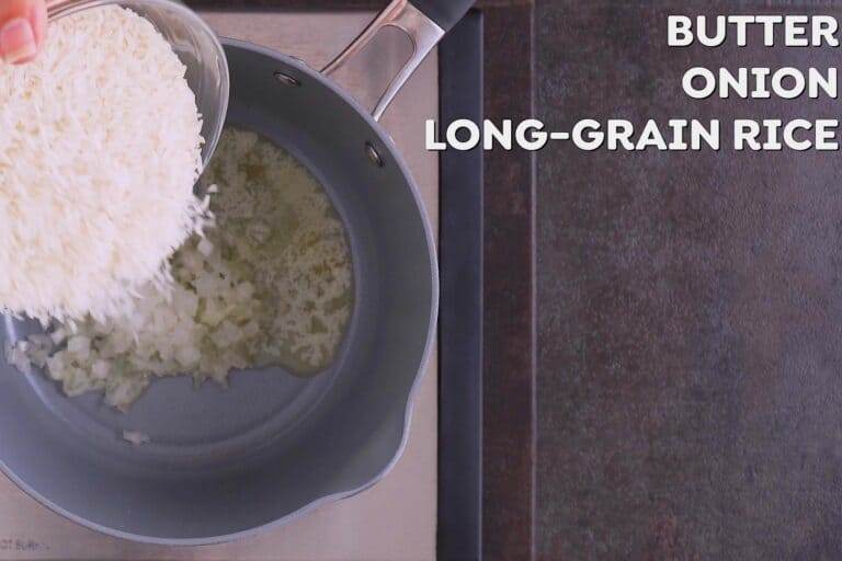 First, melt butter, then add onion and long-grain rice.