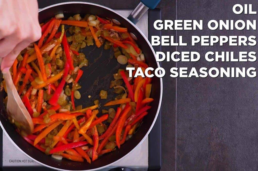 Saute chopped white base of green onion and sliced sweet mini peppers for 4-5 minutes, then add diced green chiles and taco seasoning.