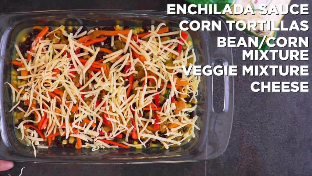 Scoop corn & bean mixture on top of tortillas, followed by veggie mixture, and a layer of cheese. Repeat layers.