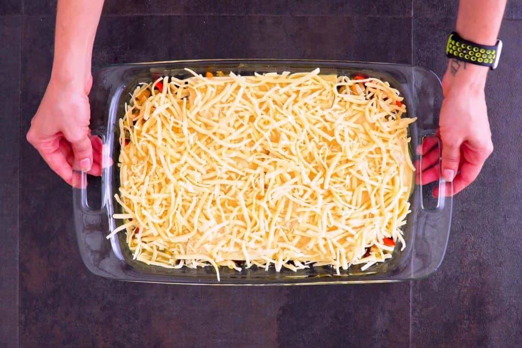 Bake vegetarian enchilada casserole at 375°F (190°C) for 25 minutes.